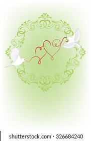 Two birds fly and carry in its beak decorative heart. Illustration for wedding invitation or valentine