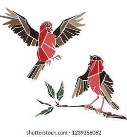 Two birds. Flying bird. Bird on the three.