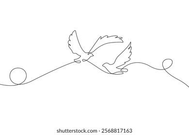Two Birds Flying Continuous One Line Drawing. Couple of Birds Together One Line Illustration on White Background. Love or Freedom Concept for Minimalist Design. Vector. Not AI