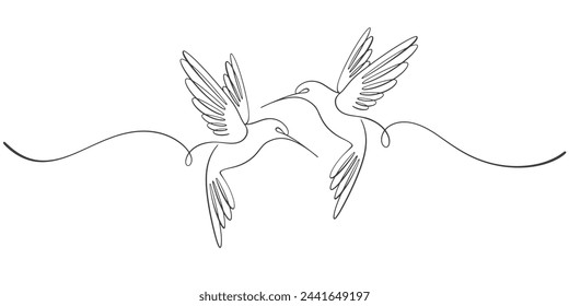 Dos pájaros vuelan aislados sobre fondo blanco. Line art ama a un par de pájaros. Ilustración vectorial de contorno.