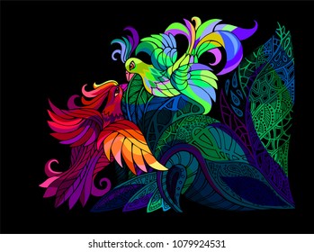 Two birds flying over a branch