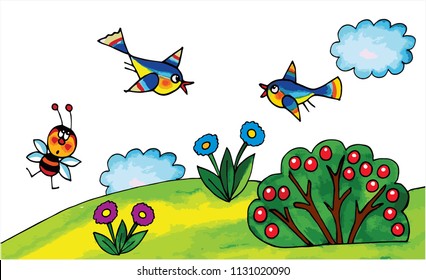 Two birds, flying in the sky. Bush, flowers, bee, grass and clouds. Colored vector for gift or card. 