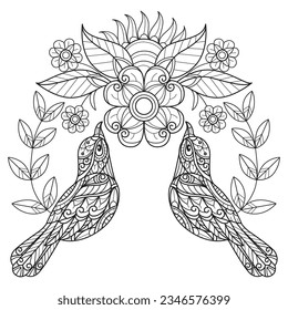 Two birds hand drawn for adult coloring book