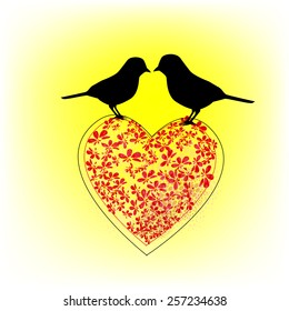 two birds at the heart of flowers. Vector