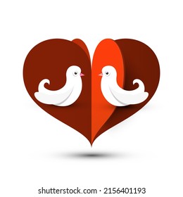 Two birds with heart on background - vector paper cut design - love symbol, wedding card template