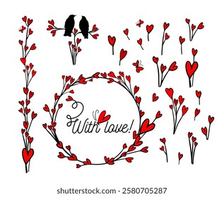 Two birds with hearts. With love Set of elements with hearts. Happy Valentine s Day card. hand drawn. Not AI, Vector illustration