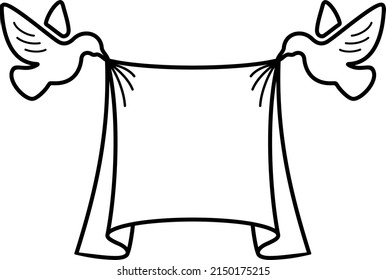 Two birds holding a banner. Vector outline icon.