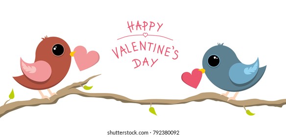 Two birds holding hearts in their beaks and standing on a twig with spring leaves