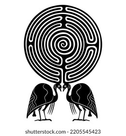 
Two birds holding a round spiral maze or labyrinth symbol. Creative concept. Black and white silhouette.