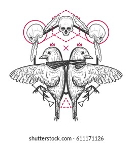 Two birds with human skull and geometric elements in retro vintage style. Template for tattoo, print, cover. Vector illustration. 