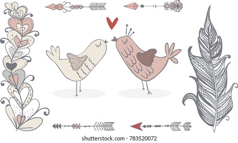 Two birds are kissing on the postcard. Elements of decor. Beautiful feathers. Amur arrows. Postcard to the day of St. Valentine. A declaration of love.