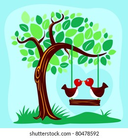 Two birds kissing on a swing, vector