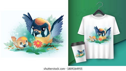 Dos pájaros miran una flor. Afiche y merchandising. Dibujo vectorial del personaje de dibujos animados Cute birds. Se puede usar para imprimir tarjeta de felicitación de diseño usada para el diseño de impresión, banner