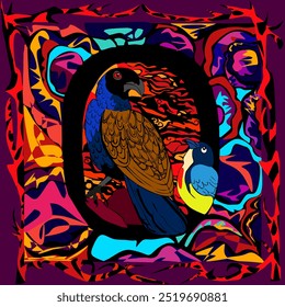 Dois pássaros olhando um para o outro com fundo de arte florestal abstrata colorida