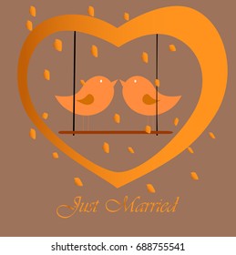 Two birds in a love cage on gold background. vector illustration