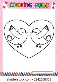 Two birds in love and heart. Valentine's day. Coloring page for kids. Activity Book.
