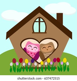 Two birds in love inside their house vector illustration