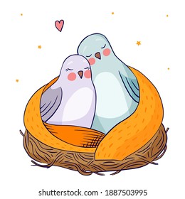 Two Birds In Love In The Nest. Birds In Hand Drawn Style Isolated On A White Background. Valentines Day.