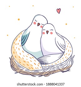 Two birds in love in the nest. Birds in hand drawn style isolated on a white background. Valentines day.