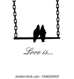 Two birds in love. Birds on a swing . Vector illustration