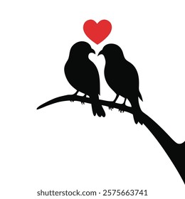 Two birds in love perched on a branch with a heart silhouette Vector illustration.