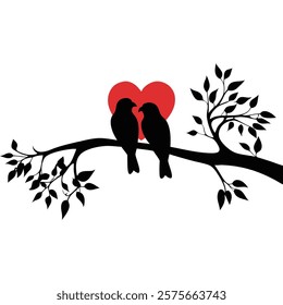 Two birds in love perched on a branch with a heart silhouette Vector illustration.