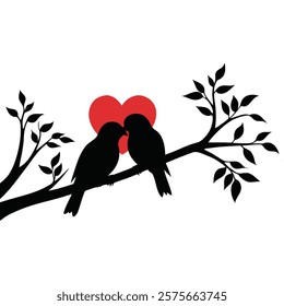 Two birds in love perched on a branch with a heart silhouette Vector illustration.