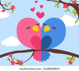 Two birds in love sitting on a branch. Love theme. Stylish card for Valentine day