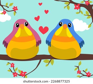 Two birds in love sitting on a branch. Love theme. Stylish card for Valentine day