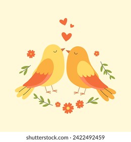 Two birds in love sitting together. Romantic birds couple with flowers, twigs and hearts. Vector flat illustration for valentines day poster, banner, greeting card