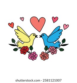 Two birds in love, surrounded by flowers and hearts, a charming illustration.
