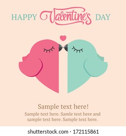 Two birds in love Valentine's day postcard. Free space for text message. Vector illustration. 