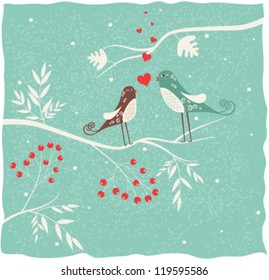 Two birds in love at winter time. Valentine Day greeting card. Vector