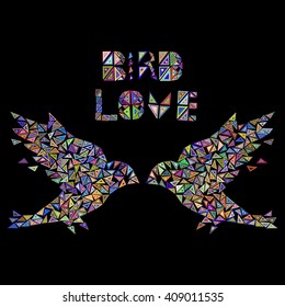 Two birds made out of geometric figures. Vector. Abstract symbols isolated on black background. Love, happiness, family vibes.
