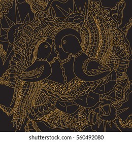Two birds in the nest. Floral, abstract pattern. Freehand sketch. Romantic postcard. Clear outline. Bright illustration. Golden outline on a black background.