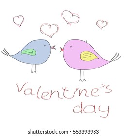 Two birds on a background of hearts for Valentine's day