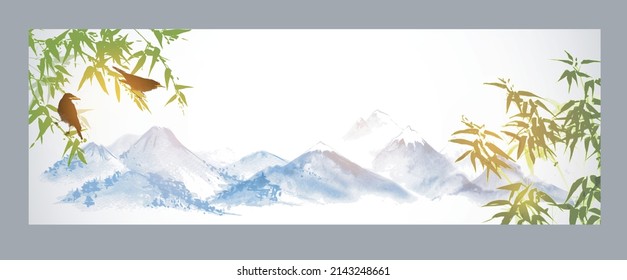 Two birds on bamboo tree and far blue mountains. Traditional oriental ink painting sumi-e, u-sin, go-hua. 