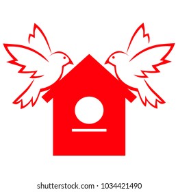 Two birds on a birdhouse, a symbol of family happiness. Flat design.