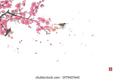 Two birds on blossoming sakura tree branch and petals on the wind. Traditional oriental ink painting sumi-e, u-sin, go-hua. Hieroglyph - joy.