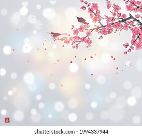 Two birds on blossoming sakura tree branch on white glowing background. Traditional oriental ink painting sumi-e, u-sin, go-hua. Hieroglyph - joy.