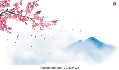 Two birds on blossoming sakura tree branch and far blue mountains. Traditional oriental ink painting sumi-e, u-sin, go-hua. Hieroglyph - joy.