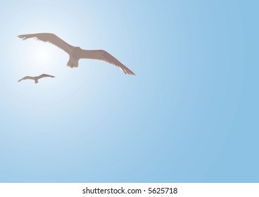 Two birds on a blue sky against shining sun.