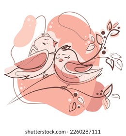 Two birds on a branch being in love,Spring time concept, line art drawing with abstract light pastel shapes vector illustration. Valentine romantic poster.Spring decor with a couple of cute birds