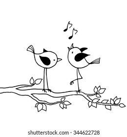Two birds on a branch. Black and white vector illustration.