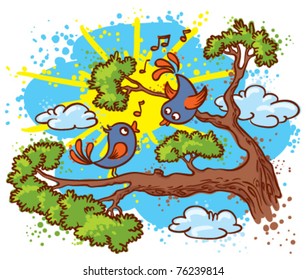 Two birds on the branch (color version)