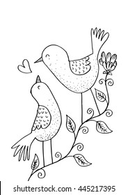 Two birds on a branch. Hand drawing illustration.