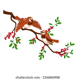 Two birds on a branch with red berries isolated on white background. Vector cartoon close-up illustration.