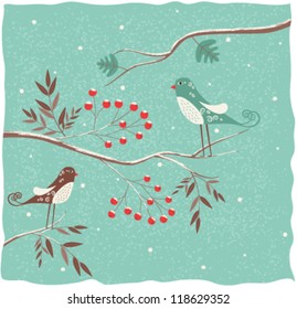 Two birds on the branch. Winter background. Vector