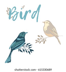 Two birds on the branches. Birds and flowers. print 