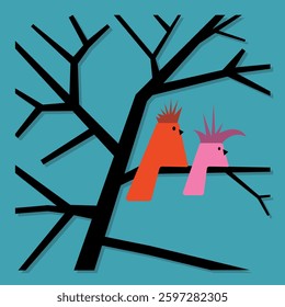 Two birds on a leafless tree branch